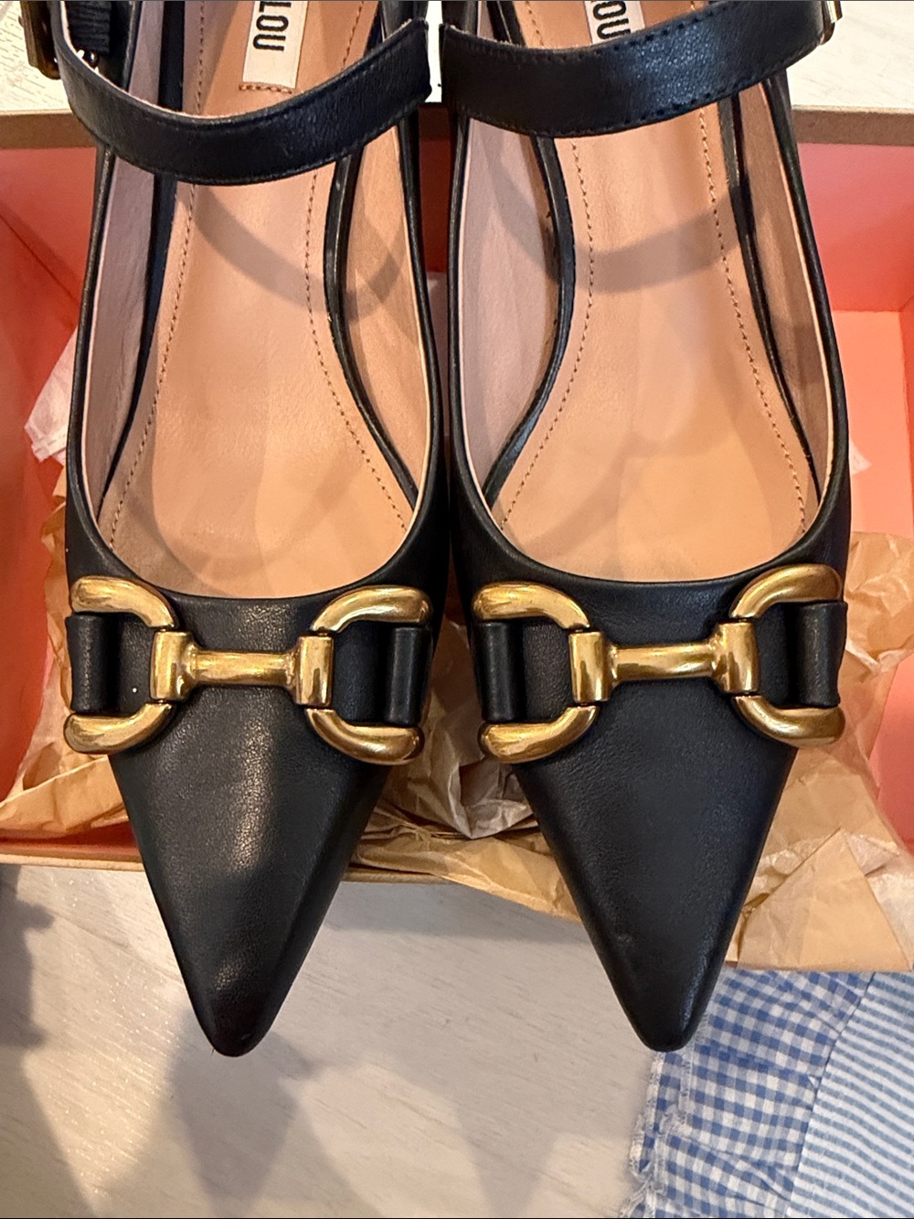 Bibi Lou Black Leather Pointed Mary Jane Pumps with Gold Bit - Picture 7 of 10